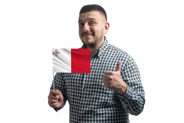 White Guy Holding Flag Malta Shows Class Hand Isolated White — Fotografia de Stock