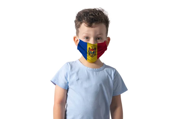 Respirator Flag Moldova White Boy Puts Medical Face Mask Isolated — Stockfoto