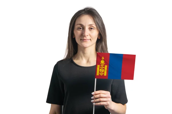 Happy Young White Girl Holding Mongolia Flag Isolated White Background — Photo