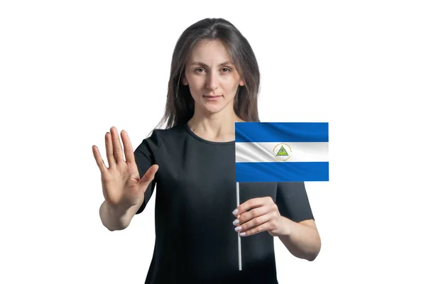 Happy Young White Woman Holding Flag Nicaragua Serious Face Shows — Stock Photo, Image