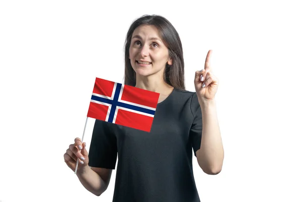 Happy Young White Woman Holding Flag Norway Points Thumbs Isolated —  Fotos de Stock