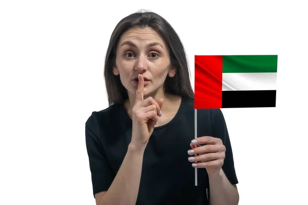 Happy Young White Woman Holding Flag United Arab Emirates Holds — Stock Fotó