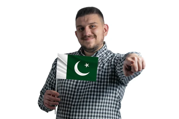 White Guy Holding Flag Pakistan Points Forward Front Him Isolated — Stockfoto