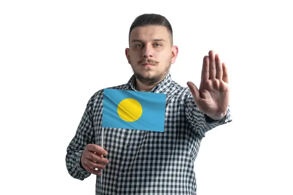 White Guy Holding Flag Palau Serious Face Shows Hand Stop — Stock fotografie