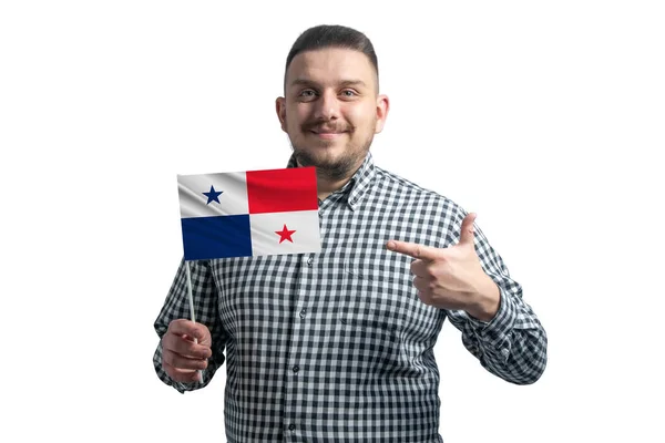 White Guy Holding Flag Panama Points Finger Other Hand Flag — Stockfoto
