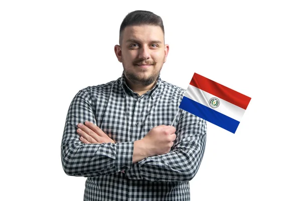 White Guy Holding Flag Paraguay Smiling Confident Crossed Arms Isolated — Φωτογραφία Αρχείου