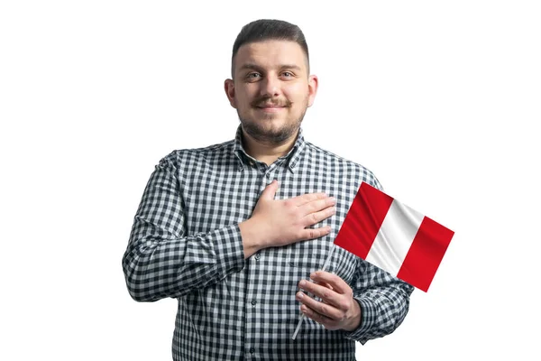 White Guy Holding Flag Peru Holds His Hand His Heart — Stock fotografie