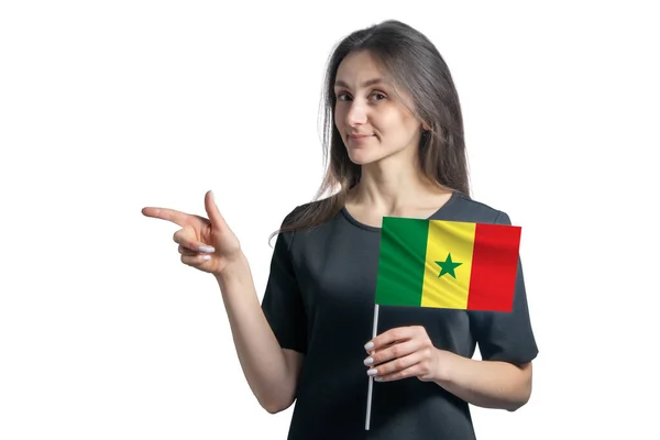Boldog Fiatal Fehér Kezében Zászló Szenegál Mutat Balra Elszigetelt Fehér — Stock Fotó