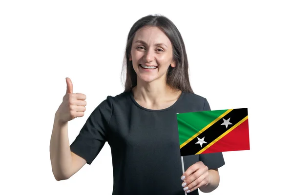 Happy Young White Woman Holding Flag Kitts Nevis Shows Class — 스톡 사진