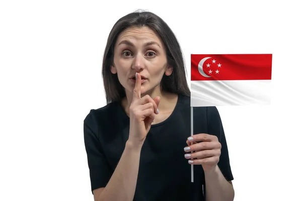 Happy Young White Woman Holding Flag Singapore Holds Finger Her — Fotografia de Stock