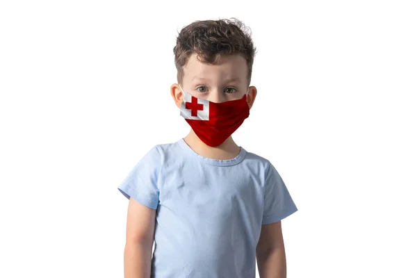 Respirator Flag Tonga White Boy Puts Medical Face Mask Isolated — Fotografia de Stock