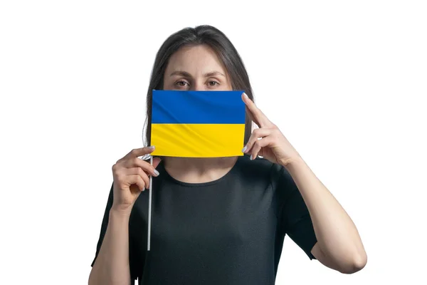 Happy Young White Woman Holding Flag Ukraine Flag Covers Her — Fotografia de Stock