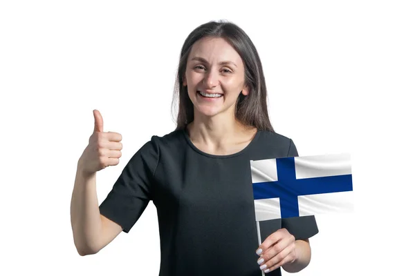 Happy Young White Woman Holding Flag Finland Shows Class Hand — Stok fotoğraf