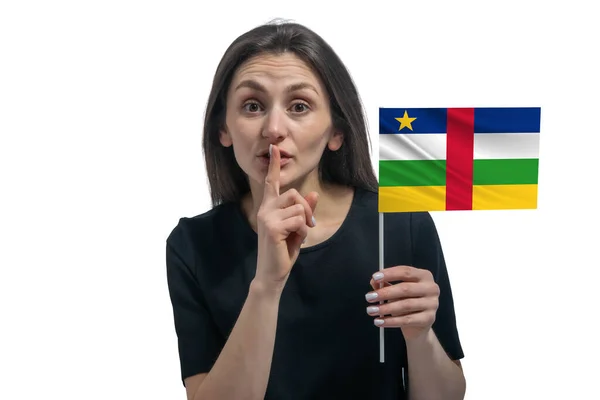 Happy Young White Woman Holding Flag Central African Republic Holds — Stockfoto