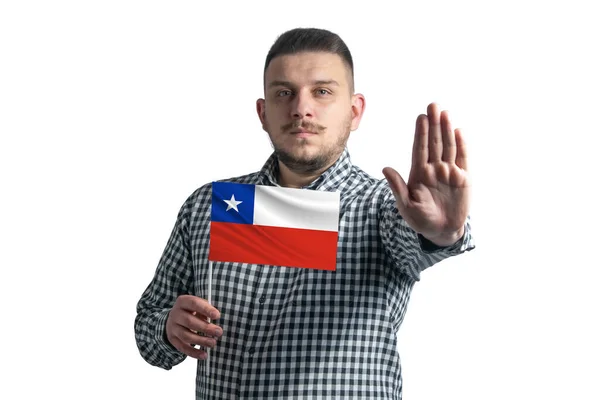White Guy Holding Flag Chile Serious Face Shows Hand Stop — Stock fotografie