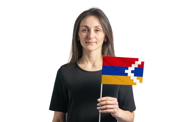 Happy Young White Girl Holding Nagorno Karabakh Republic Flag Isolated — Photo