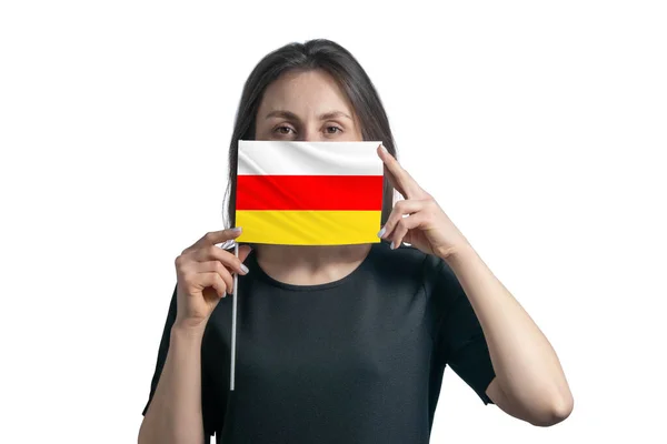 Happy Young White Woman Holding Flag South Ossetia Flag Covers — 图库照片