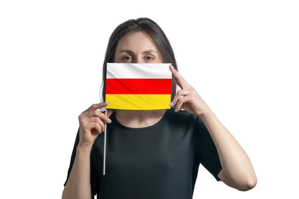 Happy Young White Woman Holding Flag South Ossetia Flag Covers — Zdjęcie stockowe