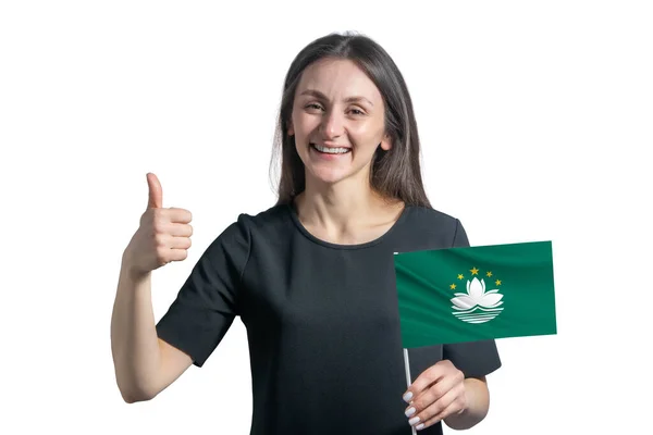 Happy Young White Woman Holding Flag Macau Shows Class Hand — Stockfoto