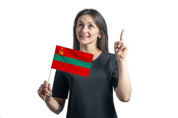 Happy Young White Woman Holding Flag Transnistria Points Thumbs Isolated — Fotografia de Stock