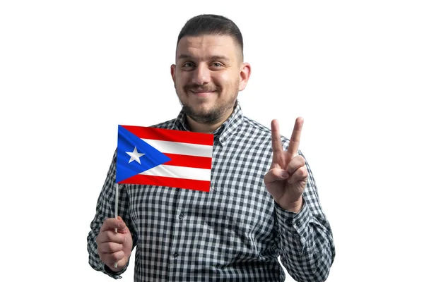 White Guy Holding Flag Puerto Rico Shows Two Fingers Isolated — Stockfoto