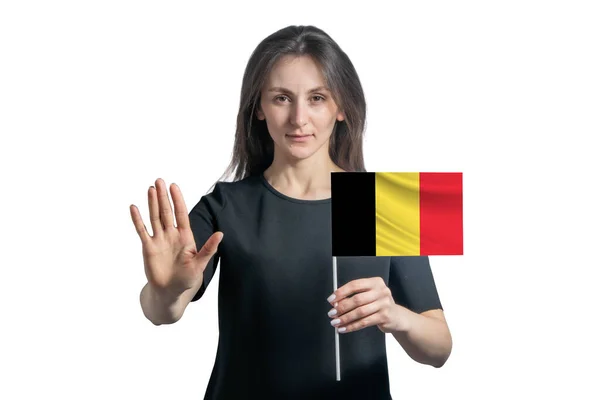 Happy Young White Woman Holding Flag Belgium Serious Face Shows — Stockfoto