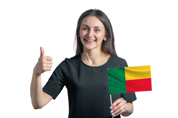 Happy Young White Woman Holding Flag Benin Shows Class Hand — Photo