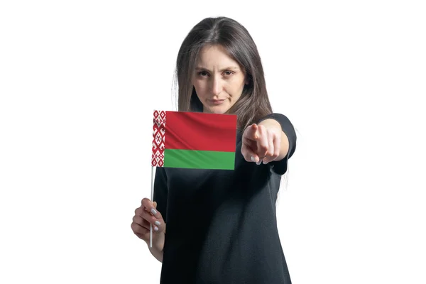 Happy Young White Woman Holding Flag Belarus Points Forward Front — Stok fotoğraf