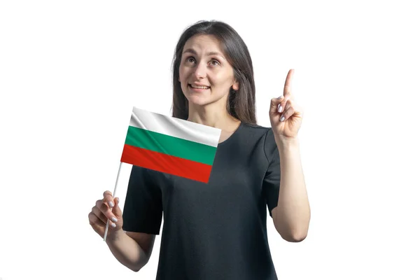 Happy Young White Woman Holding Flag Bulgaria Points Thumbs Isolated — Stok fotoğraf