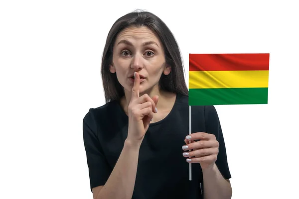 Happy Young White Woman Holding Flag Bolivia Holds Finger Her — Stock Photo, Image