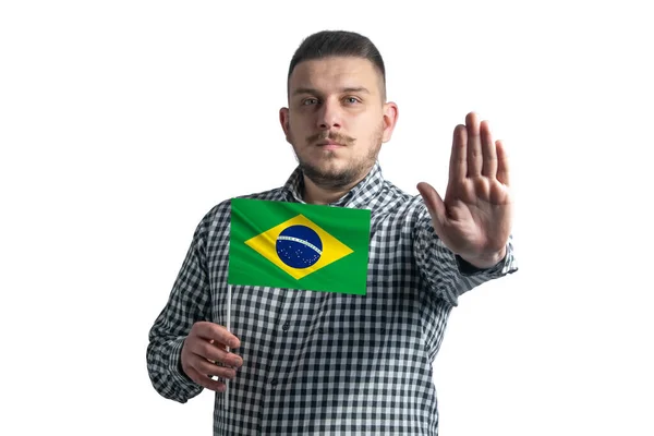 White Guy Holding Flag Brazil Serious Face Shows Hand Stop — 图库照片