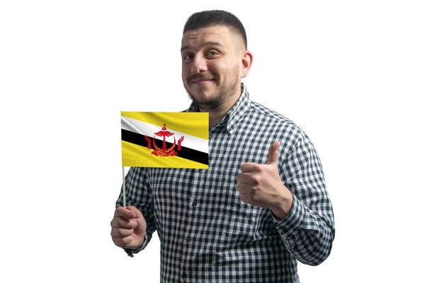 Weißer Kerl Mit Einer Flagge Aus Brunei Und Zeigt Die — Stockfoto