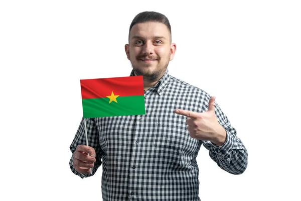 White Guy Holding Flag Burkina Faso Points Finger Other Hand — Stok fotoğraf