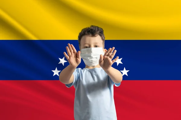 Little White Boy Protective Mask Background Flag Venezuela Makes Stop — 图库照片