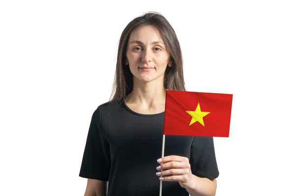 Счастливая Молодая Белая Девушка Флагом Вьетнама Изолированы Белом Фоне — стоковое фото