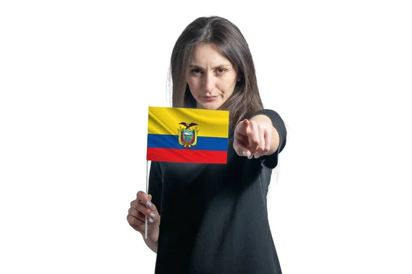 Mujer Blanca Joven Feliz Sosteniendo Bandera Ecuador Apunta Hacia Delante — Foto de Stock