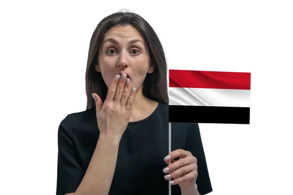 Happy Young White Woman Holding Flag Yemen Covers Her Mouth — Stock Photo, Image