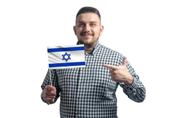 Homem Branco Segurando Uma Bandeira Israel Aponta Dedo Outra Mão — Fotografia de Stock