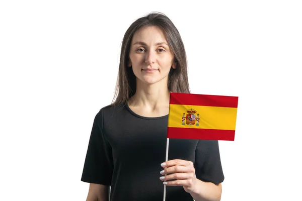 幸せな若いです白い背景に隔離されたスペインの旗を保持する白い女の子 — ストック写真