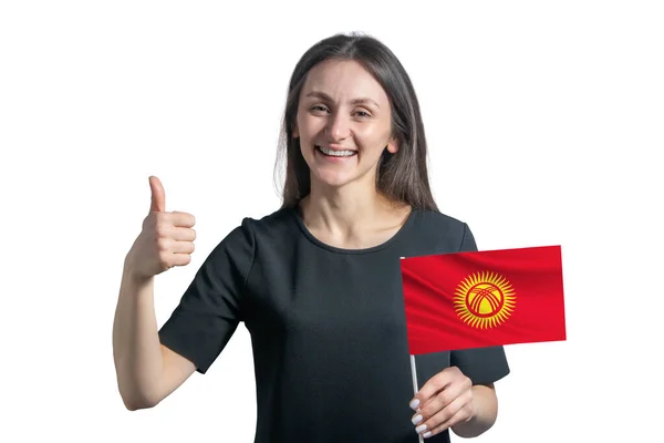 Feliz Joven Mujer Blanca Sosteniendo Bandera Kirguistán Muestra Clase Mano — Foto de Stock