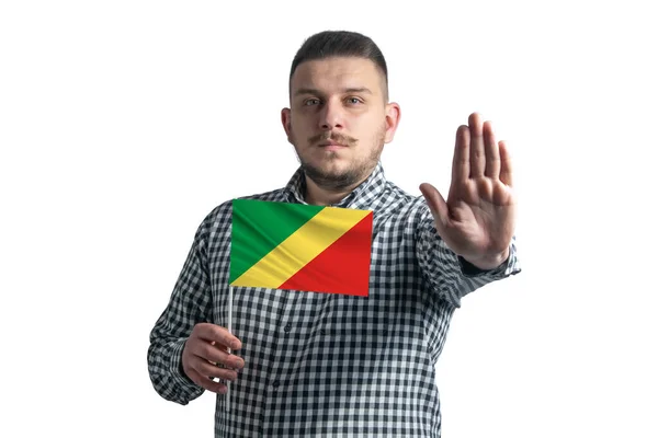 Homem Branco Segurando Uma Bandeira República Congo Com Rosto Sério — Fotografia de Stock