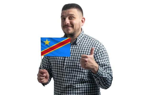 Vit Kille Med Flagga Demokratiska Republiken Kongo Och Visar Klassen — Stockfoto