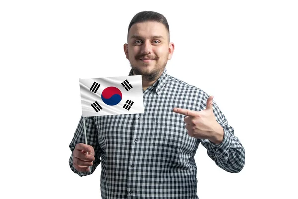 Hombre Blanco Sosteniendo Una Bandera Corea Del Sur Señala Dedo — Foto de Stock