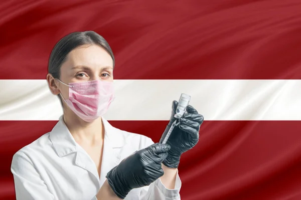 Doctora Prepara Vacunación Contexto Bandera Letonia Concepto Vacunación Letonia —  Fotos de Stock