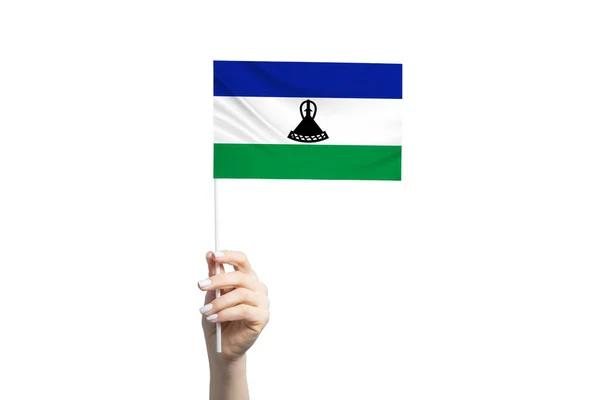 Hermosa Mano Femenina Sosteniendo Bandera Lesotho Aislada Sobre Fondo Blanco — Foto de Stock