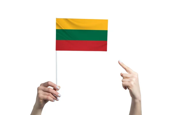 美しい女性の手は 白い背景に隔離された彼女の一方の指を示すリトアニアの旗を保持しています — ストック写真