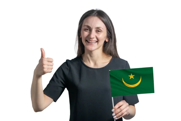 Gelukkige Jonge Blanke Vrouw Met Vlag Van Mauritanië Toont Klasse — Stockfoto