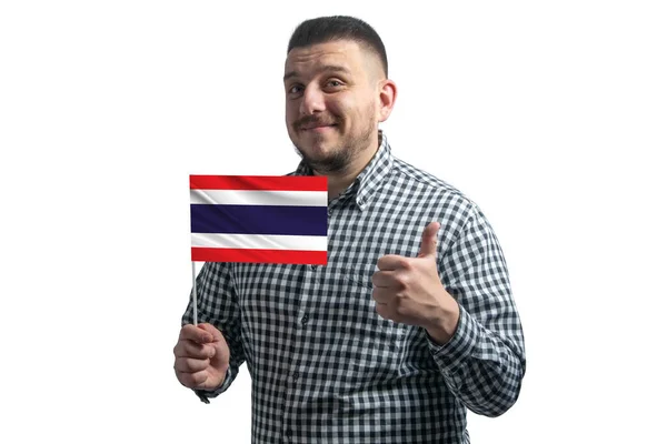 Bílý Muž Drží Vlajku Thajska Ukazuje Třídu Ručně Izolované Bílém — Stock fotografie