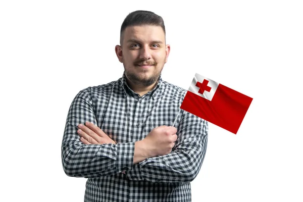 Blanke Man Met Een Vlag Van Tonga Glimlachend Vol Vertrouwen — Stockfoto