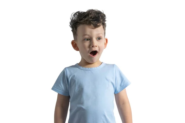 一个小男孩的画像 他满嘴惊讶地张开嘴 身穿格子衬衫 背景是白色的 图库图片